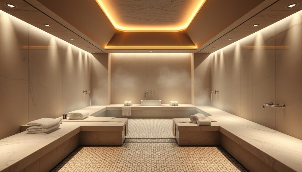 A modern Turkish hamam with a sleek, minimalist interior. Soft, indirect lighting highlights the smooth, curved marble surfaces and intricate tile patterns. Plush, oversized towels and luxurious amenities create an atmosphere of relaxation and rejuvenation. Geometric, angular architectural elements blend seamlessly with traditional hamam design, evoking a sense of timeless elegance. Misty steam gently fills the air, creating a soothing, therapeutic ambiance. The overall impression is one of a harmonious fusion of old and new, where ancient wellness traditions are elevated with contemporary sophistication.