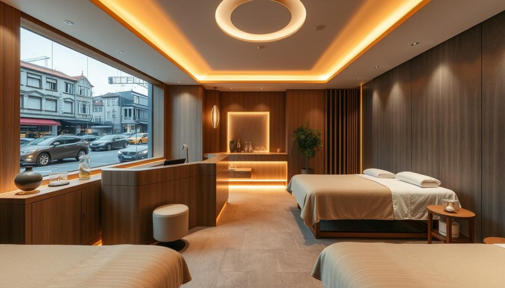 A modern, high-end massage studio with plush, comfortable furnishings and soothing ambient lighting. The interior features a mix of natural wood tones, muted earthy hues, and soft textiles creating a tranquil, spa-like ambiance. Strategically placed windows offer picturesque views of a busy Istanbul street, blending the indoors and outdoors. A sleek reception desk, well-appointed massage rooms, and discreet entryway emphasize the privacy and exclusivity of the experience. The overall atmosphere exudes a sense of refinement, relaxation, and effortless accessibility within the vibrant urban landscape.