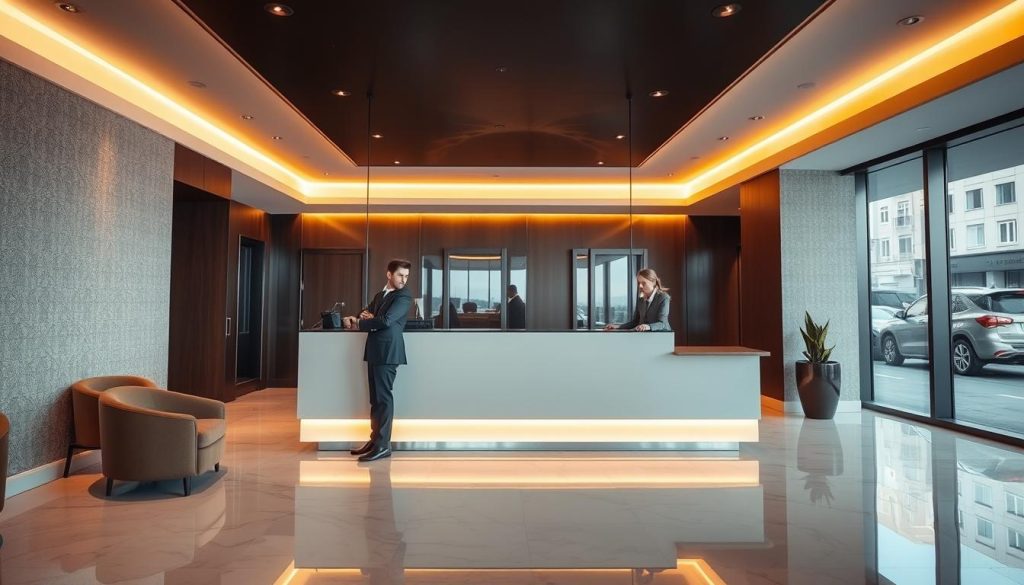 A modern hotel lobby with a sleek, minimalist design. The reception desk is prominently featured, with a staff member in a crisp uniform assisting a well-dressed guest. The lighting is warm and inviting, with a mix of indirect and accent lighting creating a cozy atmosphere. The floor is a polished marble, and the walls feature a subtle wallpaper pattern. In the background, a large window offers a glimpse of a bustling city street outside. The overall scene conveys a sense of professionalism, efficiency, and high-end hospitality, reflecting the "Hizmet Detayları ve Randevu Süreçleri" section of the article.