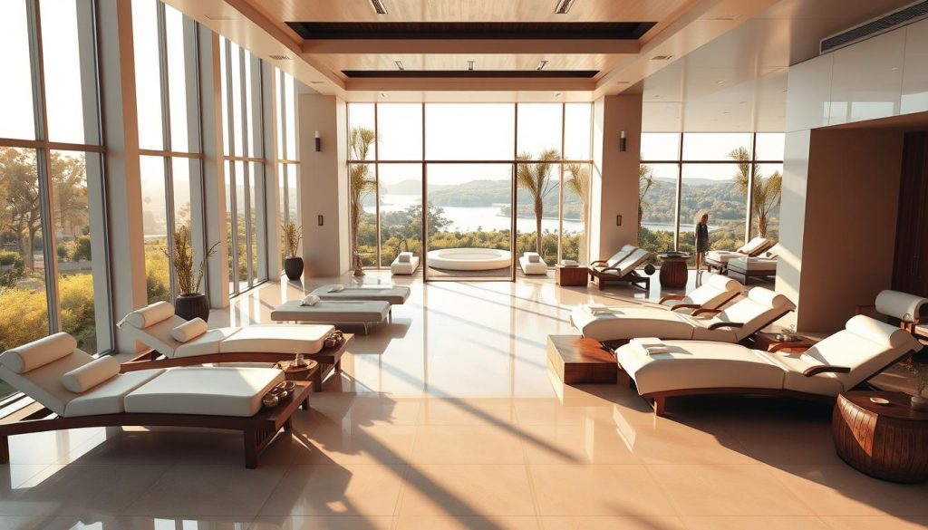 A modern, luxurious spa center in a serene, natural setting. Sunlight filters through large windows, casting a warm glow on the polished surfaces. Plush lounge chairs and sleek, minimalist decor create an atmosphere of relaxation and rejuvenation. In the foreground, a variety of spa treatment options are displayed, including massage tables, herbal baths, and specialty massage chairs. The middle ground showcases an array of high-end spa amenities, such as saunas, steam rooms, and tranquil relaxation areas. The background depicts a panoramic view of the spa's lush, landscaped gardens, with a serene lake or pond in the distance. The overall scene conveys a sense of wellness, indulgence, and the promise of an exceptional spa experience.