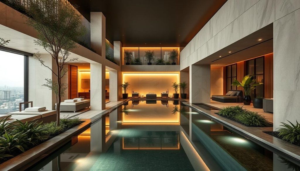 A modern, luxurious spa oasis nestled in the heart of the bustling city. A serene and tranquil atmosphere with sleek, minimalist architecture, featuring clean lines, natural materials, and warm lighting. The three spas - Sofitel Spa, Address Istanbul, and La Vallée SPA - offer a harmonious blend of traditional and contemporary spa treatments, creating an elevated and rejuvenating experience for the discerning urban visitor. Lush greenery and soothing water features complement the sophisticated, yet inviting ambiance, transporting the viewer to a peaceful sanctuary amidst the dynamic city landscape.