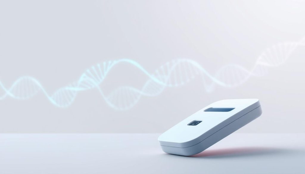 A modern, minimalist illustration of a genetic analysis service. In the foreground, a sleek, high-tech genetic testing kit, with a clean, minimalist design. The middle ground features a series of DNA strands, their intricate patterns and color gradients suggesting the depth and complexity of genetic information. In the background, a neutral, muted color palette, with soft, ambient lighting that creates a sense of scientific authority and professionalism. The overall composition conveys a feeling of precision, innovation, and the power of personalized health insights.
