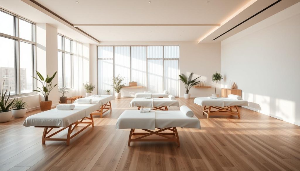 A modern, minimalist interior of a massage education center in Istanbul. A spacious, airy room with large windows letting in soft, natural light. Sleek, wooden floors and walls in soothing neutral tones. Minimalist, ergonomic massage tables arranged neatly, with folded white linens and plush pillows. Potted plants and simple, elegant decor elements add a calming, spa-like ambiance. The room exudes a sense of professionalism, tranquility, and attention to detail, perfectly suited for high-quality massage education and training.