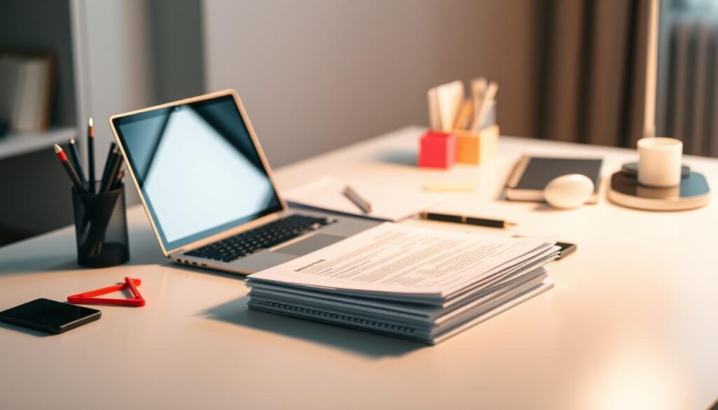 A modern office desk with a laptop, a stack of documents, and a variety of office supplies, including a pen holder, sticky notes, and a desk lamp. The desktop is arranged in a clean, organized manner, with the documents and laptop positioned in a visually pleasing layout. The lighting is soft and diffused, creating a warm and productive atmosphere. The background is blurred, placing the focus on the desk and its contents. The overall scene conveys a sense of professionalism and attention to detail, suitable for representing the "istanbul masaj iş ilanları: Detaylar, Başvuru ve Sıralama Kriterleri" section of the article.