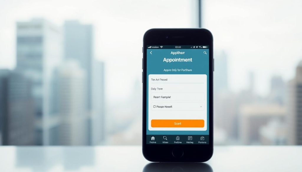 A modern, sleek online appointment booking system with a clean, intuitive interface. A smartphone prominently displayed, showcasing the app's user-friendly design and functionality. The background features a serene, blurred cityscape, suggesting the convenience of accessing the service from anywhere. The color palette is cool and calming, with muted tones of blue, gray, and white, creating a professional and trustworthy atmosphere. The overall composition emphasizes the simplicity and efficiency of the online appointment booking experience.