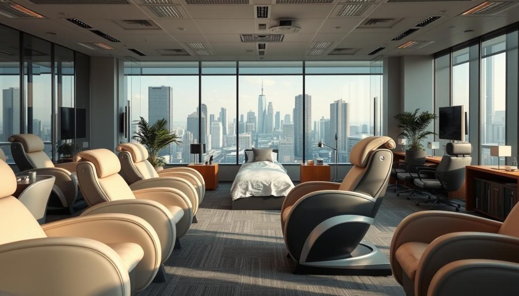 A modern, well-lit office interior with a variety of massage chairs and stations positioned throughout the space. The chairs are sleek and ergonomic, with adjustable features and soothing, muted tones. In the middle ground, a VIP massage area is set up, with plush fabrics, soft lighting, and a sense of privacy and relaxation. The background showcases the cityscape outside, with a view of skyscrapers and the bustling urban environment. The overall atmosphere is one of productivity, rejuvenation, and a perfect blend of professional and personal care.