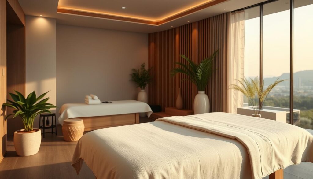 A modern, well-lit spa interior with a cozy, relaxing atmosphere. Soft lighting illuminates the clean, minimalist decor featuring natural materials like wood and stone. In the foreground, a massage table with crisp white linens sits invitingly. Potted plants and elegant vases add touches of greenery. The background hints at a serene view through large windows, perhaps of a peaceful garden or cityscape. The overall scene conveys an oasis of tranquility and wellness, perfectly capturing the essence of Şişli's massage job listings.