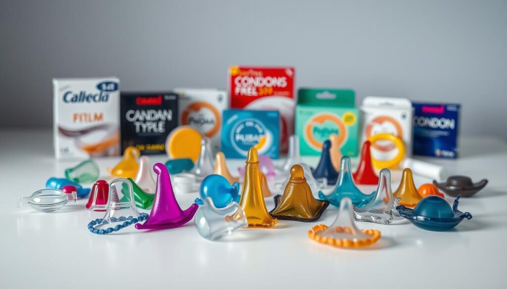 A neatly arranged display of various condom types and sizes, showcasing a diverse range of colors, textures, and shapes. The foreground features a selection of high-quality, state-of-the-art contraceptive products, presented on a clean, minimalist surface with soft, diffused lighting accentuating their shapes and materials. The middle ground provides a sense of depth, with additional condom variations in the background, creating a visually appealing and informative composition. The overall mood is one of professionalism, attention to detail, and a focus on sexual health and wellness.