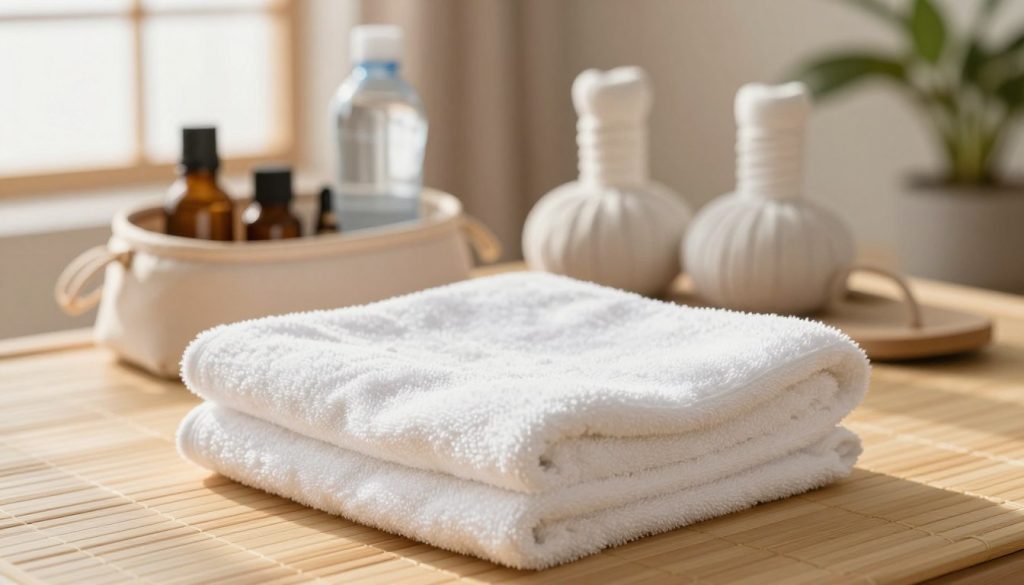 A neatly folded, fluffy white towel placed elegantly on a soft, natural bamboo surface, symbolizing relaxation and spa environment. The foreground features a close-up shot of the towel with subtle texture details visible under soft, diffused sunlight seeping through a nearby window. In the middle ground, a well-organized massage purse is displayed, slightly open to reveal essential items such as essential oils, a water bottle, and a pair of comfortable, casual sandals. The background softly fades into calming pastel colors, representing serenity and tranquility, with hints of green plants to enhance the spa-like atmosphere. The lighting is warm and inviting, emphasizing the comforting nature of a massage session. The overall mood is peaceful and rejuvenating, perfect for a wellness-focused theme.