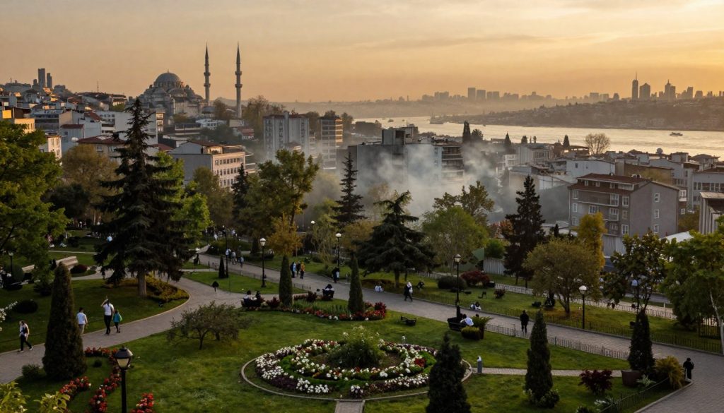 A panoramic view of a bustling urban environment in Istanbul, focusing on contrasting areas of clear and polluted air. In the foreground, a vibrant park with lush greenery and blooming flowers symbolizes clean air and health. In the middle ground, city buildings rise with visible smog hovering around them, illustrating air pollution and heat islands. The background features a hazy skyline, with the Bosphorus Strait shimmering under a warm sunset, casting a golden glow over the landscape. The lighting transitions from warm hues in the park to cooler, muted tones in the polluted areas, creating a somber yet hopeful atmosphere. Emphasize the contrast between nature and urban life to depict the challenges of city living on mental health and well-being.