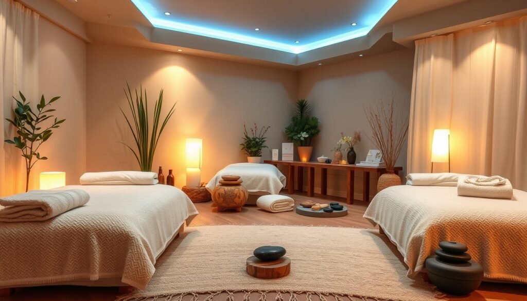 A peaceful and tranquil spa setting featuring a variety of massage techniques: a serene environment with soft lighting, natural elements like plants and stones, and an array of massage tools and accessories neatly arranged. The focus is on the diverse massage modalities available, from Swedish to deep tissue, hot stone to aromatherapy, showcasing the breadth of professional services offered by skilled male massage therapists in Istanbul. The atmosphere evokes a sense of relaxation, wellness, and rejuvenation.