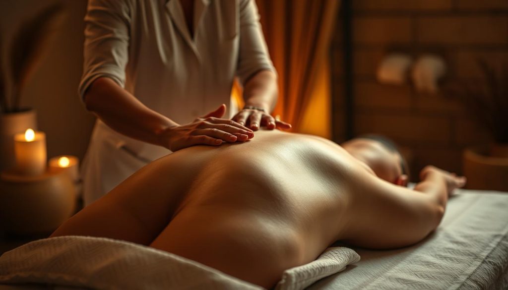 A peaceful massage session in a cozy, dimly lit room. Two hands gently caressing the back of a relaxed figure, with subtle movements and soft pressure. The therapist and client engage in attentive, open communication, their expressions conveying trust and understanding. Warm lighting casts a soothing, intimate ambiance, while the setting evokes a sense of tranquility and restoration. Soft, earthy tones and natural textures create a harmonious, spa-like atmosphere. The focus is on the connection between the practitioner and the recipient, highlighting the importance of mindful, responsive massage.