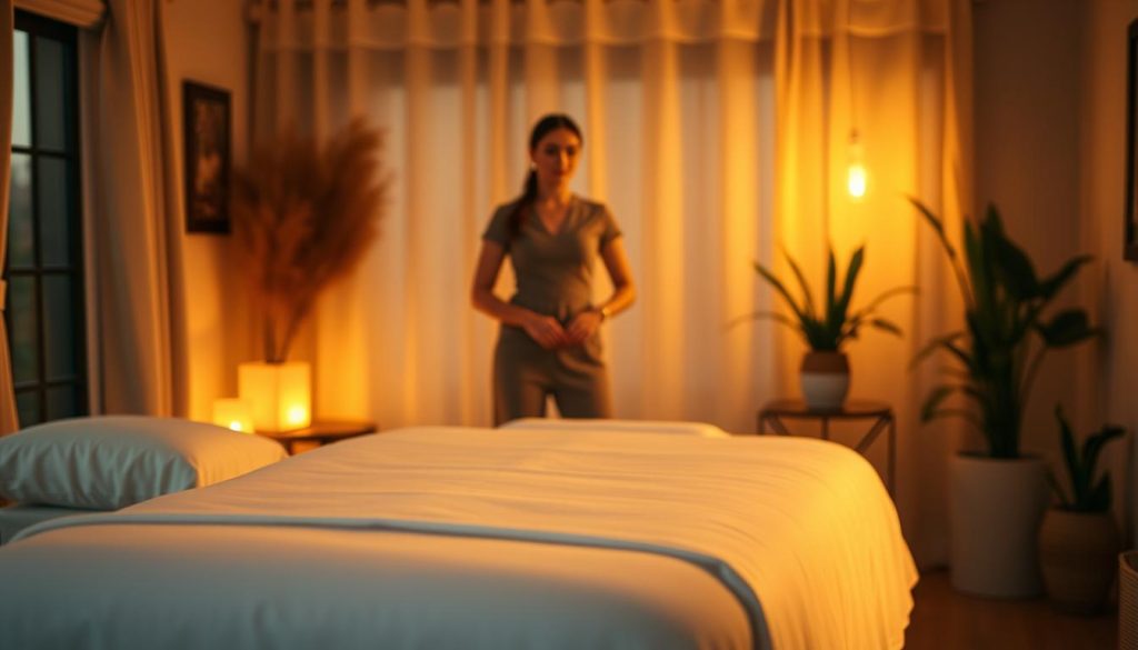A peaceful, serene scene of a cozy, dimly lit home interior. In the foreground, a massage table is set up, adorned with crisp white linens and soft pillows. The lighting is warm and inviting, casting a gentle glow across the scene. In the middle ground, a skilled masseuse stands ready, dressed in a professional, elegant attire, exuding an aura of expertise and tranquility. The background is filled with soothing, earthy tones, with subtle hints of natural elements like potted plants or soft, drapery, creating a calming, spa-like atmosphere. The overall composition conveys a sense of relaxation, professionalism, and the care and attention provided by the skilled "uzman masaj terapistleri" (expert massage therapists).