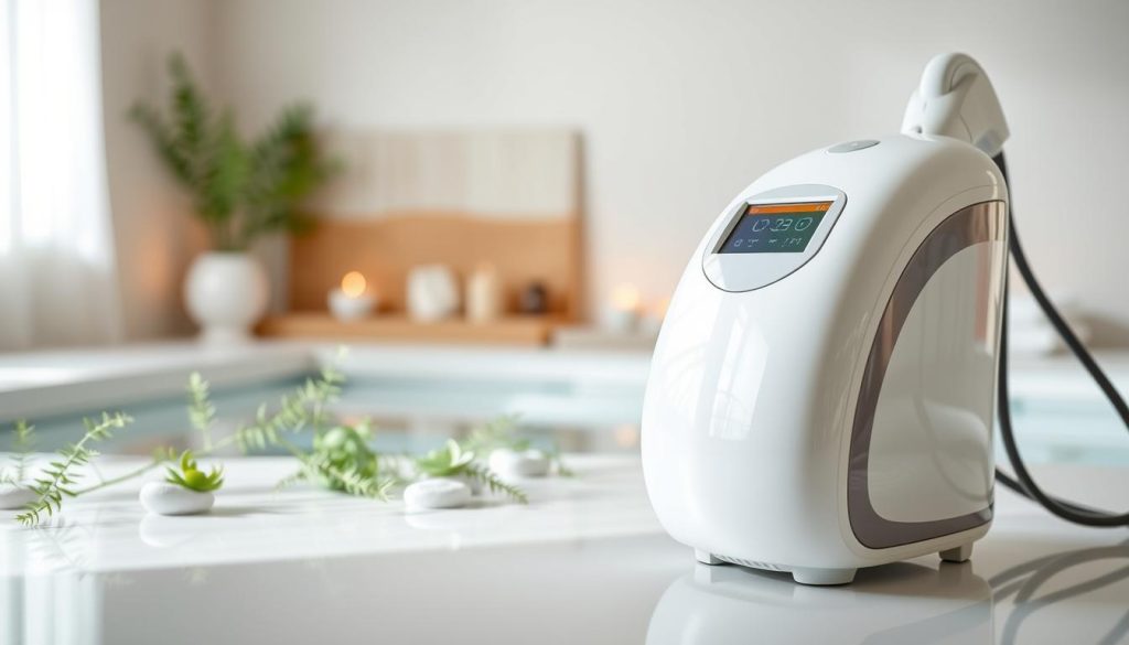 A peaceful spa-like setting with a serene ambiance. The foreground features a modern, sleek laser hair removal device, its polished surface reflecting the soft lighting. In the middle ground, delicate botanical elements like ferns and succulents add a natural touch, complementing the clean, minimalist aesthetic. The background showcases a tranquil, neutral-toned space, hinting at the relaxing experience of the laser treatment and body contouring procedures. Soft, diffused lighting creates a calming, therapeutic atmosphere, inviting the viewer to imagine the rejuvenating effects of these specialized beauty treatments.