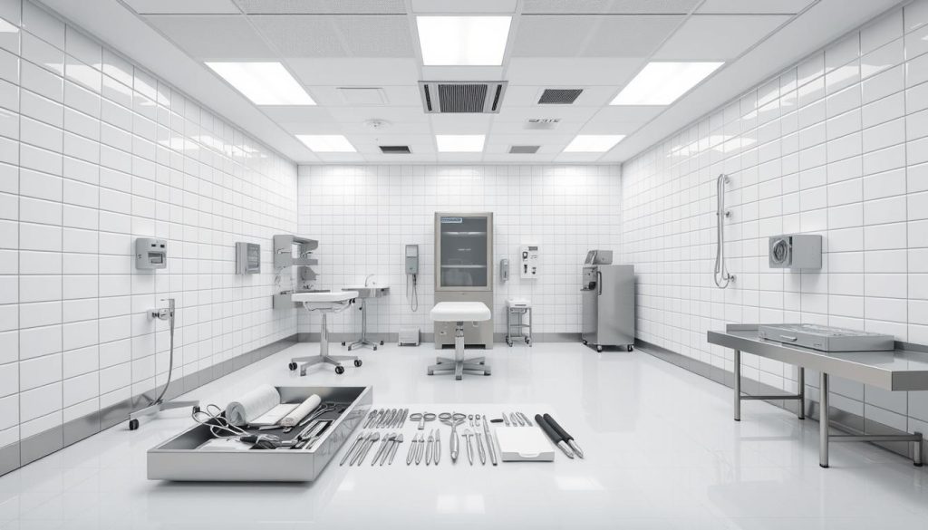 A pristine, brightly lit medical examination room with stainless steel equipment and surfaces. Sterile white tiles cover the floor and walls, creating a sense of clinical cleanliness. The room is illuminated by soft, diffused lighting from overhead fixtures, casting an even glow across the space. In the foreground, a neatly arranged tray holds various single-use medical tools and supplies, symbolizing the importance of hygiene and sanitation. The overall atmosphere evokes a sense of professionalism, order, and attention to detail, reflecting the high standards of cleanliness and safety expected in a professional massage setting.