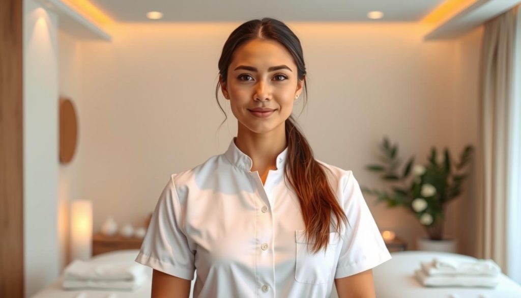 A professional massage therapist stands in a tranquil, softly lit studio. They wear a crisp, white uniform and exude an aura of expertise and serenity. The background features soothing, minimalist decor - natural wood accents, soft lighting, and subtle textures that create a calming, spa-like ambiance. The camera captures the therapist from a mid-range angle, showcasing their confident, attentive posture and the serene, therapeutic environment they have cultivated. This image embodies the essence of a skilled, certified massage professional dedicated to providing a transformative, high-quality service.
