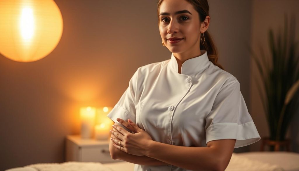 A professional masseuse standing in a tranquil, dimly lit massage studio. The ambient lighting casts a warm, soothing glow, creating an atmosphere of relaxation. The masseuse wears a crisp, white uniform, exuding an aura of professionalism and expertise. Their hands are positioned gracefully, ready to deliver a customized, therapeutic massage. Soft, muted colors in the background suggest a minimalist, elegant decor, free of distractions. The overall scene conveys a sense of trust, care, and the importance of choosing a skilled, certified massage therapist.