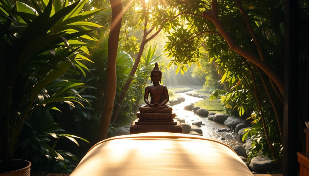 A serene Thai massage and reflexology spa nestled in a lush, tropical setting. Sunlight filters through the canopy of verdant foliage, casting a warm, golden glow. In the foreground, a massage table is adorned with plush linens, inviting the viewer to experience the soothing touch of traditional Thai techniques. In the middle ground, an ornate wooden statue of Buddha presides over the tranquil scene, radiating a sense of peace and balance. The background features a meandering stream, its gentle murmurs adding to the calming ambiance. The overall atmosphere evokes a harmonious blend of natural elements and ancient healing practices, transporting the viewer to a realm of holistic well-being.