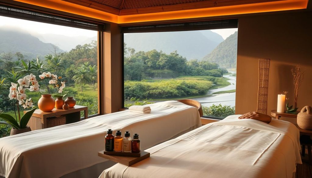 A serene Thai massage studio, bathed in warm, soft lighting. Plush, ergonomic massage tables await, adorned with crisp white linens. Delicate orchids and bamboo accents adorn the space, creating a tranquil, rejuvenating atmosphere. In the foreground, a skilled Thai masseuse, dressed in traditional garb, carefully applies long, soothing strokes with expertly trained hands. The middle ground features a selection of premium massage oils and aromatic incense, enhancing the sensory experience. In the background, a serene landscape with lush, verdant foliage and a flowing river, evoking the natural beauty of Thailand. The overall scene conveys a sense of relaxation, wellness, and the artistry of traditional Thai massage.
