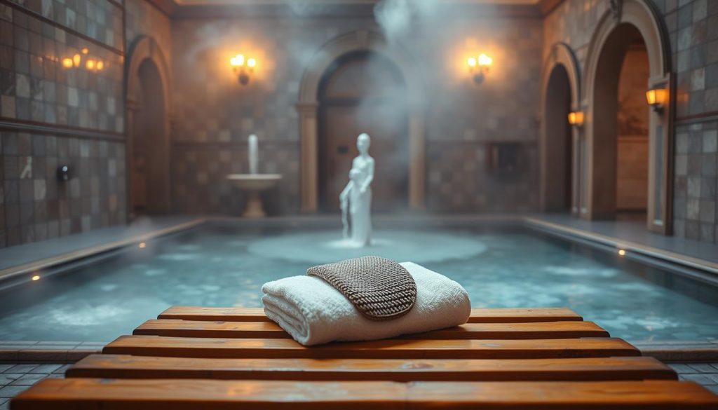 A serene Turkish bath scene set in a traditional Istanbul massage salon. Soft, warm lighting illuminates the steamy, tiled interior, where a wooden slatted bench occupies the foreground. Atop the bench, plush white towels and a kese, a coarse exfoliating mitt, await a relaxing, time-honored kese köpük (scrub and foam) massage treatment. In the middle ground, ornate fountains and elegant arched doorways hint at the salon's historic architecture. The background fades into a hazy, atmospheric mist, creating a tranquil, immersive ambiance that evokes the cultural heritage of this unique Istanbul experience.