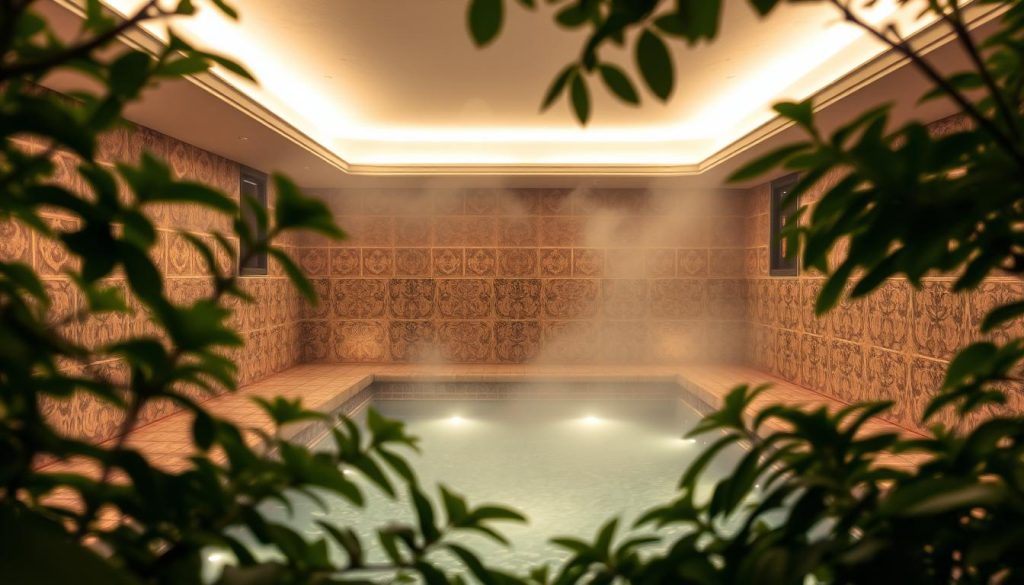 A serene Turkish spa and hammam experience in Avcılar, featuring a tranquil interior with ornate tiles, soothing light, and the gentle steam of a traditional heated bathing chamber. Lush greenery frames the scene, creating a calming oasis of relaxation. Soft, diffused lighting illuminates the space, casting a warm, inviting glow. The overall atmosphere evokes a sense of renewal and rejuvenation, perfect for alleviating stress and fatigue.