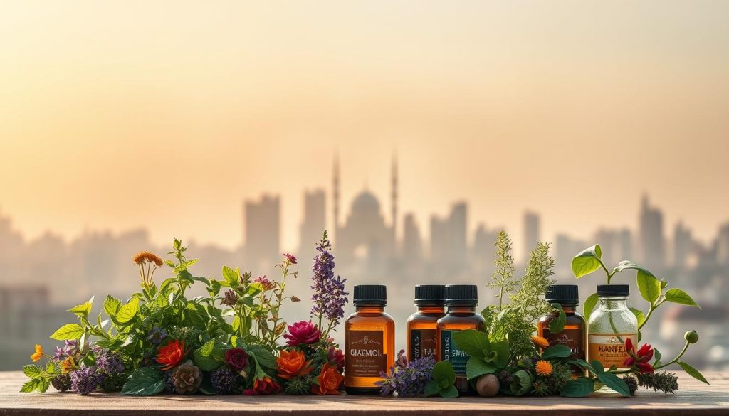 A serene and calming composition illustrating the concept of recognizing stress symptoms in an urban context. In the foreground, include a variety of colorful herbal plants and essential oils neatly arranged, symbolizing natural stress relief. The middle ground should feature the silhouette of an abstract city skyline, representing Istanbul, with soft, flowing lines to convey rhythm and movement. The background should consist of a subtle gradient of warm dawn colors, evoking a sense of tranquility. The lighting should be soft and diffused, casting gentle shadows to enhance the overall peaceful atmosphere. Aim for a dreamy and harmonious mood, reflecting the idea of managing stress through natural methods.