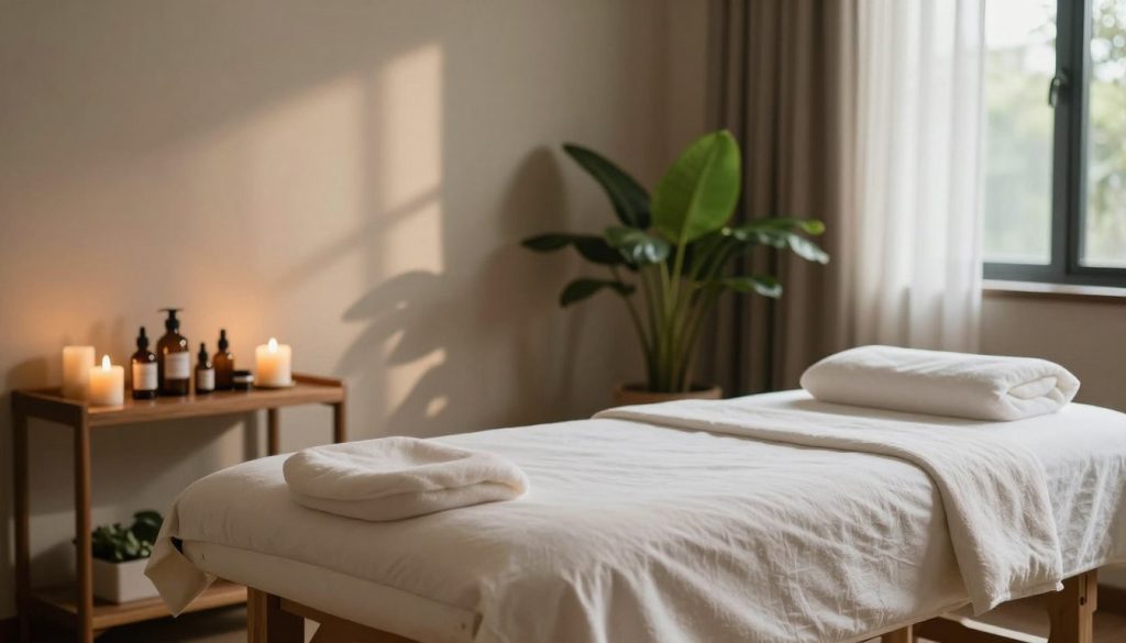 A serene and calming massage therapy room, featuring a professional massage table adorned with soft, clean linens. In the foreground, a sleek wooden shelf displays various massage oils and aromatherapy candles, emphasizing the health benefits of professional massage. In the middle ground, a tranquil atmosphere is enhanced by soft, natural lighting and houseplants, creating a relaxing environment. The background shows a large window with sheer curtains, allowing soft daylight to filter in, casting gentle shadows. The color palette is soothing, with warm earth tones and subtle greens. The overall mood is peaceful and restorative, inviting viewers to reflect on the health benefits of professional massage therapy. The composition avoids any human figures to maintain focus on the therapeutic setting.