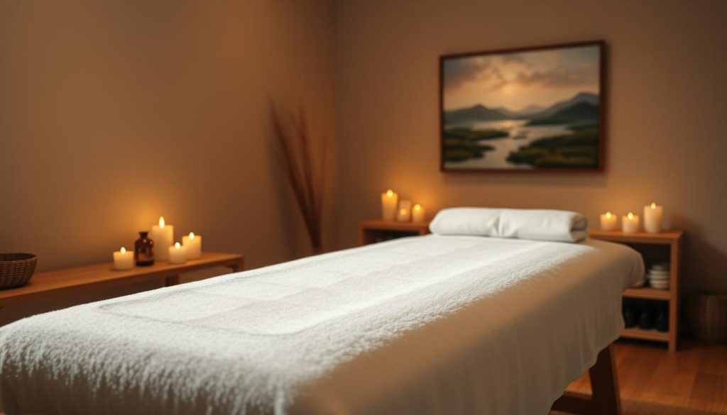 A serene and calming massage therapy scene, set in a cozy, dimly-lit room. Soft, warm lighting casts a soothing glow, creating an atmosphere of relaxation. In the foreground, a sleek, wooden massage table takes center stage, draped with a plush, white towel. Nearby, an array of essential oils and aromatherapy candles emit a gentle, calming fragrance. In the background, a tranquil landscape painting hangs on the wall, adding to the tranquil ambiance. The overall mood is one of harmony, balance, and the promise of a rejuvenating massage experience.