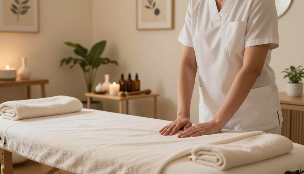 A serene and calming scene depicting the characteristics of professional massage therapists. In the foreground, a massage table adorned with soft linens and towels, emphasizing a welcoming and tranquil atmosphere. In the middle ground, various professional tools and oils are neatly arranged on a side table, showcasing the essential elements of a massage therapy practice. The background features a softly lit, relaxing environment with plants and calming artwork on the walls, creating an inviting sanctuary. Use warm, soft lighting to enhance the peaceful ambiance, evoking a sense of relaxation and professionalism. The scene should feel harmonious, representing the expertise and dedication of massage therapists without including any human figures or text.