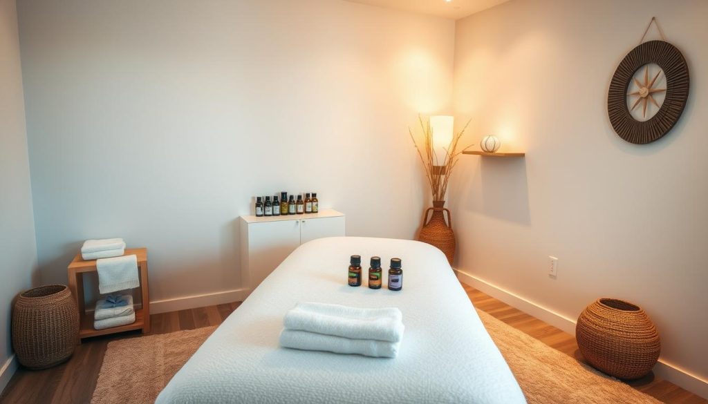 A serene and calming scene of a massage therapy room, with soft lighting illuminating the space. The room is adorned with soothing neutral tones, with a plush massage table in the center, surrounded by essential oils, towels, and other massage accessories. The atmosphere exudes a sense of tranquility and relaxation, inviting the viewer to imagine the rejuvenating experience of a pre-massage preparation ritual. The camera angle is slightly elevated, providing a comprehensive view of the well-organized and inviting space, ready to welcome the client for a rejuvenating massage session.