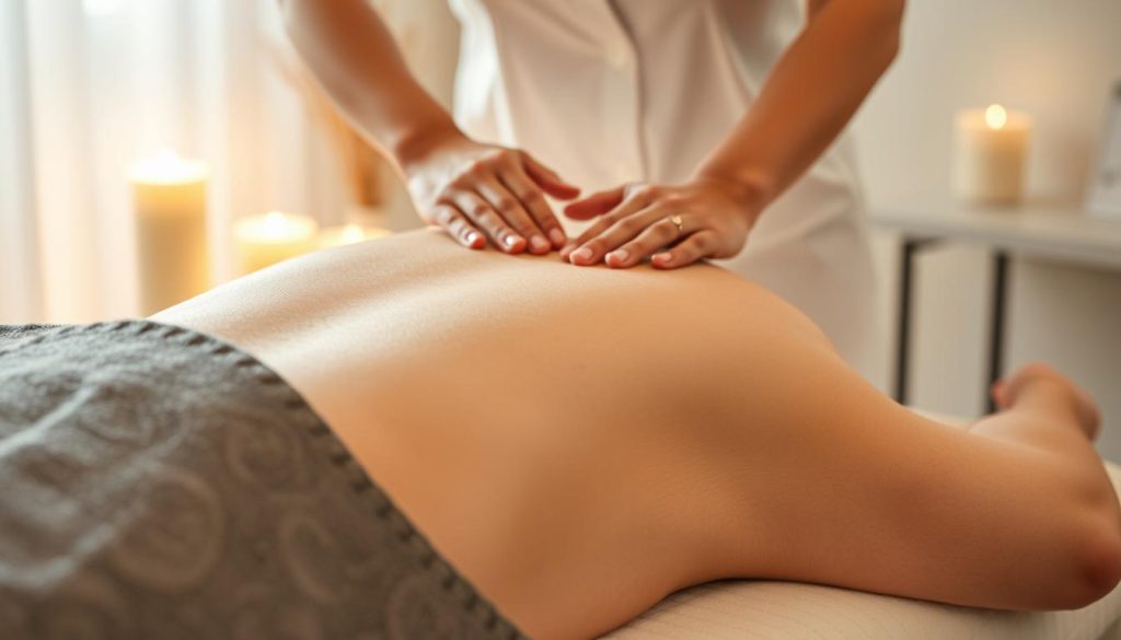 A serene and calming scene of a professional massage therapist's hands gently guiding the flow of lymphatic drainage on a relaxed client's back. Soft lighting illuminates the soothing motion of the massage, with a peaceful and tranquil atmosphere. The therapist's skilled fingers glide effortlessly, promoting healthy circulation and supporting the body's natural cleansing processes. The treatment takes place on a high-quality massage table, set against a minimalist, yet elegant backdrop, creating an immersive and rejuvenating experience.