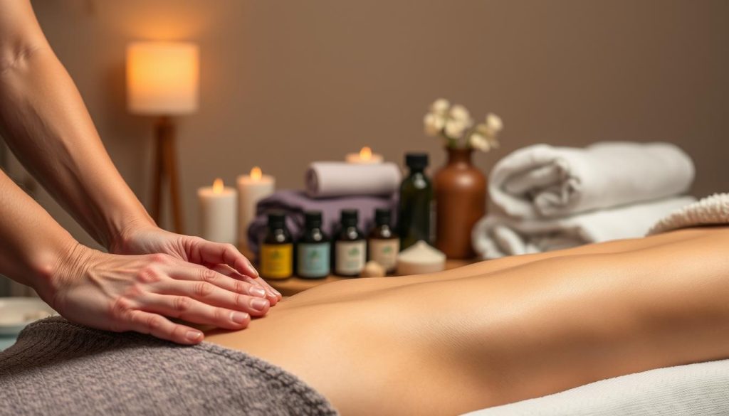 A serene and calming scene showcasing various massage techniques. In the foreground, delicate hands gently kneading and manipulating smooth, supple skin. The middle ground features an array of essential oils, towels, and other massage tools arranged in an aesthetically pleasing manner. In the background, a tranquil, dimly lit environment with soft, warm lighting creates an atmosphere of relaxation and rejuvenation. The image conveys the expertise and expertise of skilled massage therapists, capturing the essence of effective massage techniques.