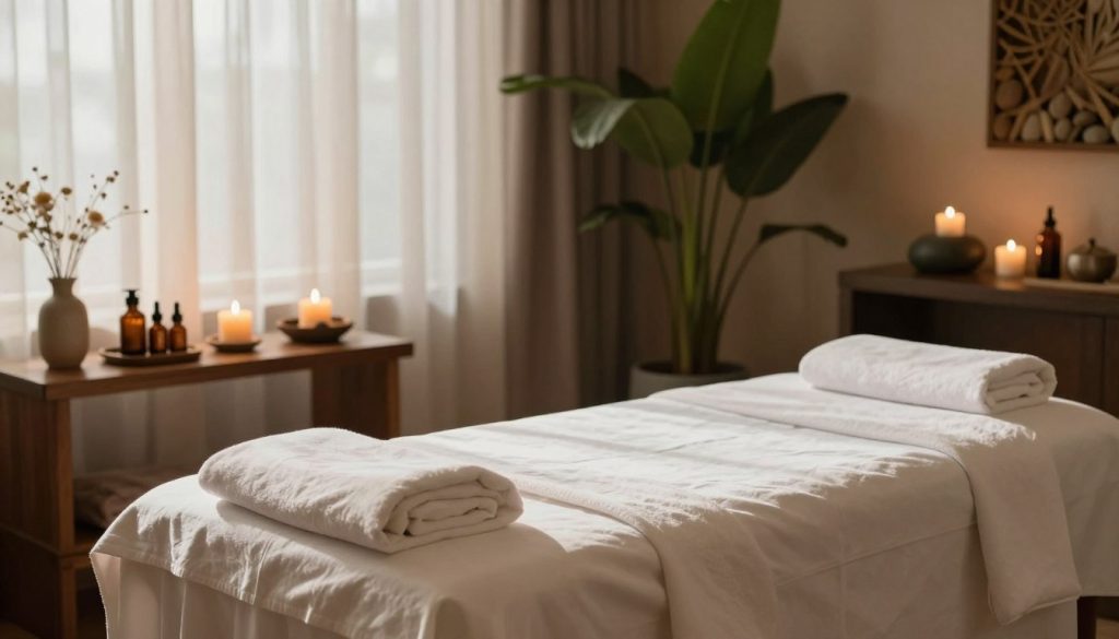 A serene and calming spa environment featuring a cozy massage setting. In the foreground, a beautifully arranged massage table draped in soft, white linens, with soothing aromatherapy oils and candles on a nearby wooden shelf. In the middle ground, a tranquil ambiance created by soft, natural light filtering through sheer curtains, casting gentle shadows across the room. The background includes lush green plants and decorative stones, enhancing the peaceful atmosphere. The overall color palette should be warm and inviting, with earthy tones. The focus is on illustrating the benefits of a quick, refreshing massage session, conveying a sense of relaxation and rejuvenation. The composition is balanced, capturing the essence of self-care in a spa-like retreat.