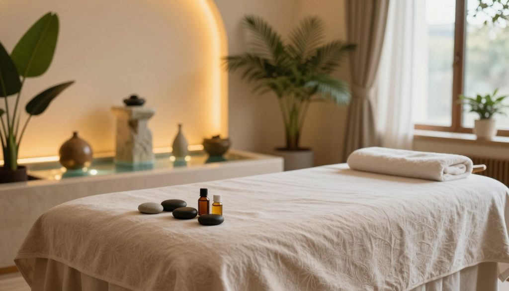A serene and calming spa setting showcasing a luxurious massage therapy environment in Istanbul. The foreground features a beautifully arranged massage table draped in soft, neutral-toned linens, with a selection of aromatic oils and stones artfully placed nearby. In the middle ground, elegant decor includes calming water features and lush greenery, creating a relaxing atmosphere. The background is softly lit, with warm golden hues illuminating the space, evoking a sense of tranquility. Natural light filters in through large windows, enhancing the inviting feel of the space. The overall mood is peaceful and rejuvenating, emphasizing the theme of massage session durations and pricing, perfect for a wellness and relaxation context.