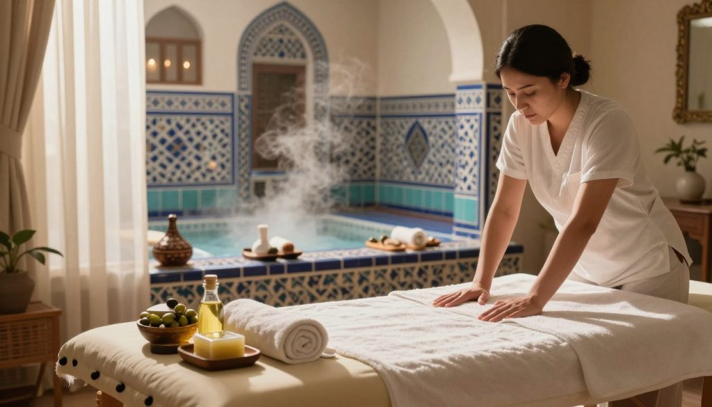 A serene and contrasting scene illustrating the differences between home massage and traditional hamam massage. In the foreground, a cozy, softly lit living room setting with massage oils, towels, and a comfortable massage table. The atmosphere should feel warm and inviting, with gentle, diffuse sunlight filtering through sheer curtains. In the middle ground, depict a vibrant and lush hamam featuring intricate tile work, steamy ambiance, and traditional massage tools like wooden sandals and olive oil soap. The background should evoke a sense of tranquility, with elegant arches and soft lighting that suggests a calming environment. Ensure that no humans are present, focusing instead on the settings and objects that represent each type of massage experience.