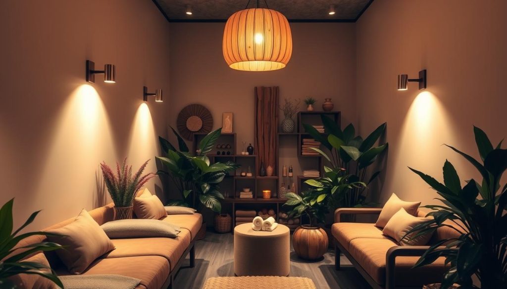 A serene and cozy massage parlor nestled in the heart of bustling Istanbul. Soft, warm lighting emanates from sleek, modern fixtures, casting a calming glow over the space. Plush, earthy-toned furnishings and lush, verdant plants create an oasis of tranquility, inviting visitors to sink into a state of deep relaxation. Soothing, ambient music plays in the background, complementing the gentle scent of essential oils wafting through the air. Subtle, textural details like natural wood accents and handcrafted decor elements add depth and character to the space. The overall atmosphere is one of urban sanctuary, a peaceful respite from the city's vibrant energy.