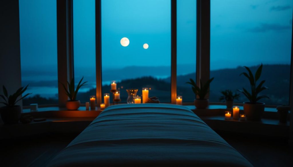 A serene and dimly lit spa-like setting, with soft ambient lighting casting a warm glow. In the foreground, a plush massage table, neatly made with crisp, white linens. Surrounding the table, an arrangement of tranquil elements such as candles, potted plants, and natural stones. In the middle ground, a large window overlooking a peaceful, moonlit landscape, creating a calming, therapeutic atmosphere. The overall mood is one of relaxation, comfort, and a sense of escape from the stresses of the day.