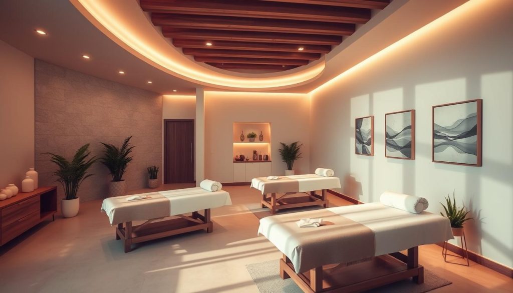 A serene and elegant interior of a modern massage center on the Anatolian side of Istanbul. The space features warm lighting, soothing pastel tones, and natural elements like wood and stone. Plush massage tables are positioned throughout the tranquil setting, surrounded by potted plants and calming artwork on the walls. The atmosphere evokes a sense of relaxation and rejuvenation, inviting visitors to indulge in a professional and restorative massage experience. High-quality materials and minimalist design create an upscale, yet inviting ambiance. Soft shadows and highlights accentuate the clean, sophisticated aesthetic of the Anadolu Yakası Masaj Merkezi.