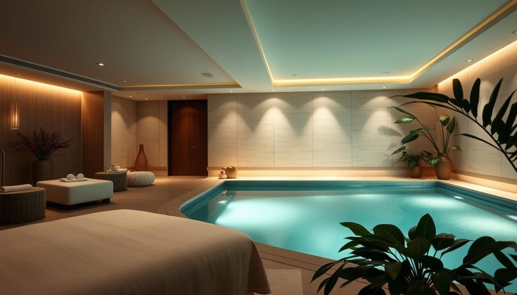A serene and elegant spa center, with a tranquil atmosphere and soothing natural elements. The foreground features a spacious, dimly lit massage room with plush, minimalist furnishings and calming lighting fixtures. In the middle ground, a luxurious hydrotherapy pool is surrounded by clean, tiled walls and lush, leafy plants, creating a sense of rejuvenation. The background showcases a harmonious blend of neutral tones, soft textures, and muted lighting, evoking a sense of relaxation and escape from the bustling city. The overall composition exudes a calming, high-end ambiance that invites the viewer to imagine the revitalizing experience of a spa and massage treatment.
