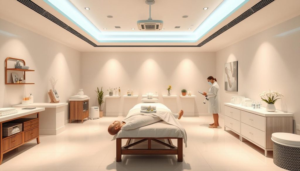 A serene and hygienic massage studio, with soft lighting and soothing colors. Skilled therapists perform their craft with the utmost care and precision, adhering to the highest standards of cleanliness and professionalism. The room exudes a calming atmosphere, with pristine surfaces, meticulously maintained equipment, and a sense of tranquility that envelops the space. The scene conveys a sense of relaxation and rejuvenation, inviting the viewer to unwind and let go of the stresses of daily life.