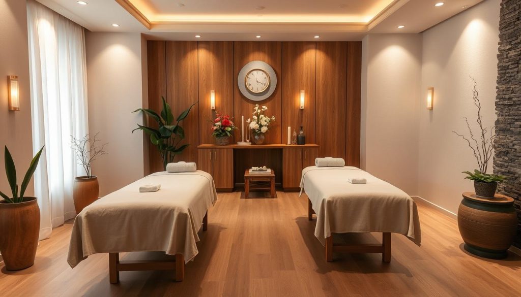 A serene and intimate boutique massage studio, with soft lighting and a warm, inviting atmosphere. Plush massage tables draped in high-quality linens occupy the center, surrounded by elegant wood and stone accents. Potted plants and delicate floral arrangements add a touch of nature, creating a sense of tranquility. The space exudes a personalized, bespoke experience, inviting the viewer to envision the skilled hands of experienced massage therapists tailoring their touch to individual needs.