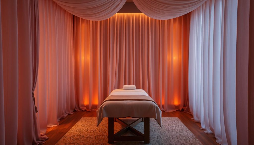 A serene and intimate massage studio, dimly lit with warm amber tones. Soft, draped fabrics create a cocooning atmosphere, while a single massage table stands in the center, adorned with luxurious linens. Gentle, therapeutic lighting casts a soothing glow, and the air is infused with the calming scent of essential oils. The scene exudes a sense of personalized attention and care, inviting the viewer to imagine the tailored experience of a bespoke massage, designed to address their individual needs and desires.