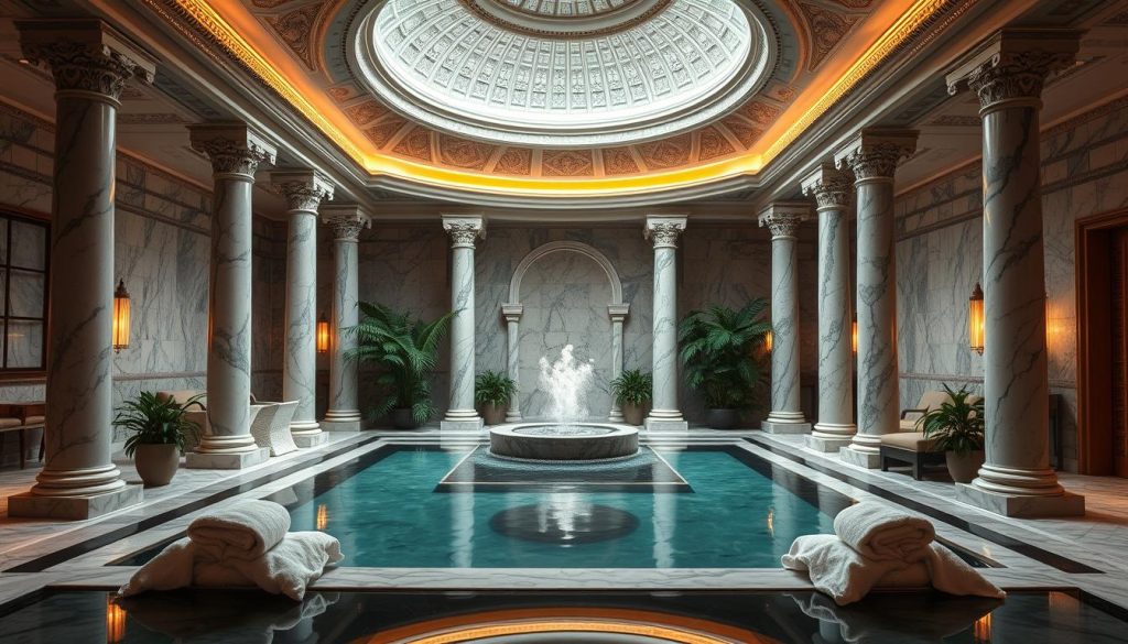 A serene and inviting Turkish bath (Türk hamamı) nestled in a luxurious spa setting. Warm, diffused lighting illuminates the ornate marble interiors, featuring elegant columns, intricate tilework, and a central domed ceiling. Lush greenery and soothing water features create a tranquil, rejuvenating atmosphere. Plush towels and robes beckon, inviting guests to indulge in a pampering spa experience. Soft, muted tones and a hazy, dreamlike quality evoke a sense of timelessness and relaxation. The scene exudes an air of opulence and well-being, capturing the essence of a transformative Turkish bath and spa treatment.