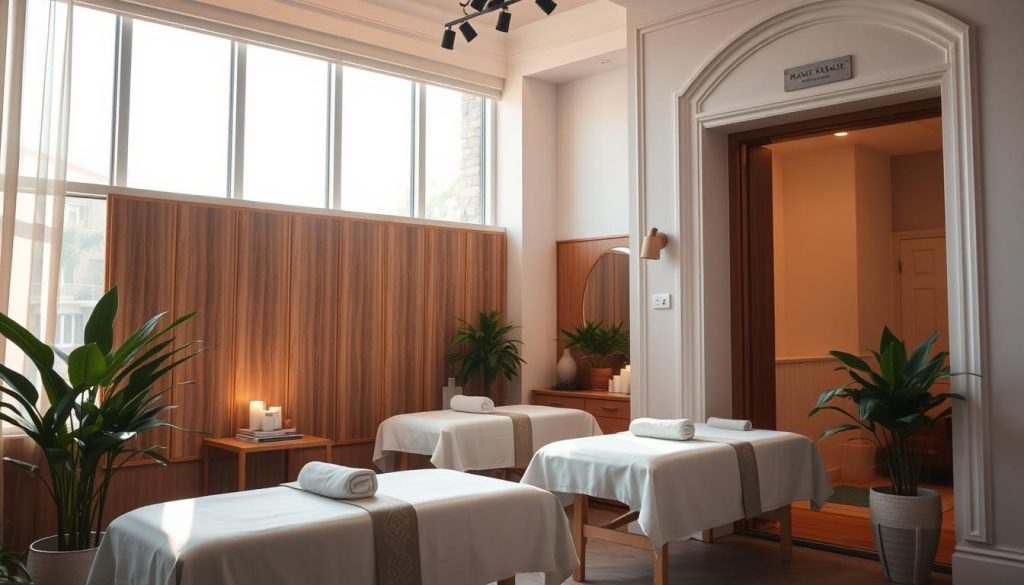 A serene and inviting Üsküdar massage salon, bathed in warm natural light from large windows. The interior features elegant wood paneling, plush treatment tables, and calming greenery. Soft mood lighting creates a tranquil ambiance, while the crisp white walls and clean lines convey a sense of professionalism and care. The salon's exterior showcases a tasteful, minimalist facade with a discreet sign, blending seamlessly into the charming, historic neighborhood of Üsküdar. The overall scene evokes a high-quality, trustworthy establishment dedicated to providing exceptional massage therapy experiences.