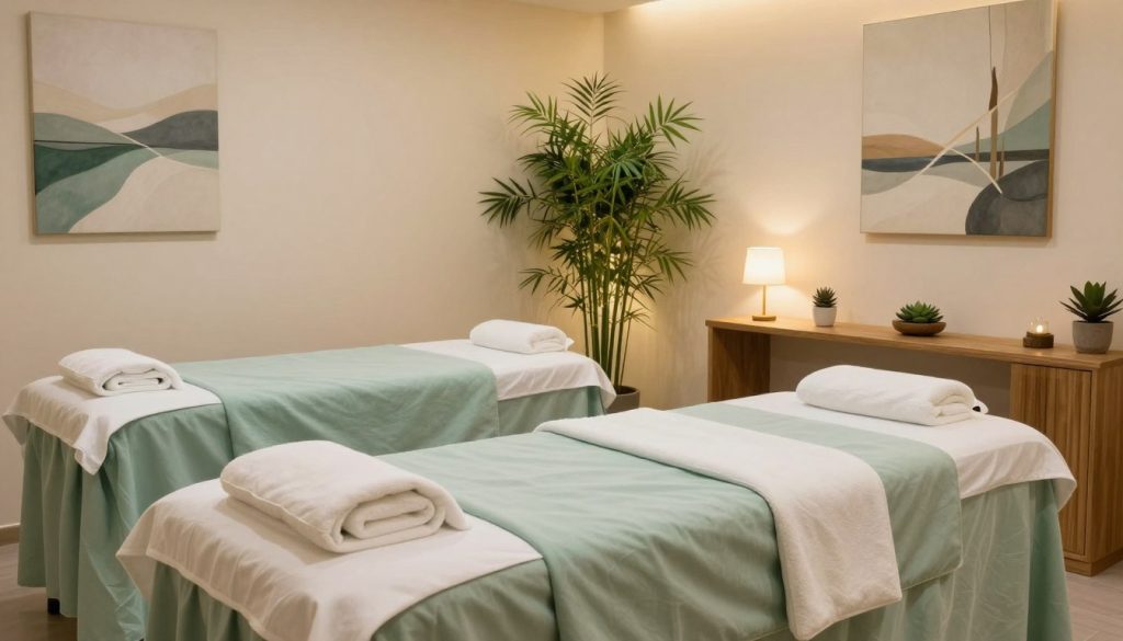 A serene and inviting boutique massage space in Ataşehir, showcasing a tranquil atmosphere. In the foreground, an elegantly arranged massage table with soft, luxurious linens in calming shades of pastel green. The middle of the image features stylish decor—natural wooden accents and soothing plants, such as bamboo and succulents, that enhance the relaxation theme. The walls are adorned with soft artwork depicting abstract nature scenes to promote a peaceful vibe. In the background, gentle ambient lighting casts a warm glow, illuminating the soft textures of the space. The overall mood is one of relaxation and rejuvenation, capturing the essence of a high-quality massage experience in a stylish, boutique setting.
