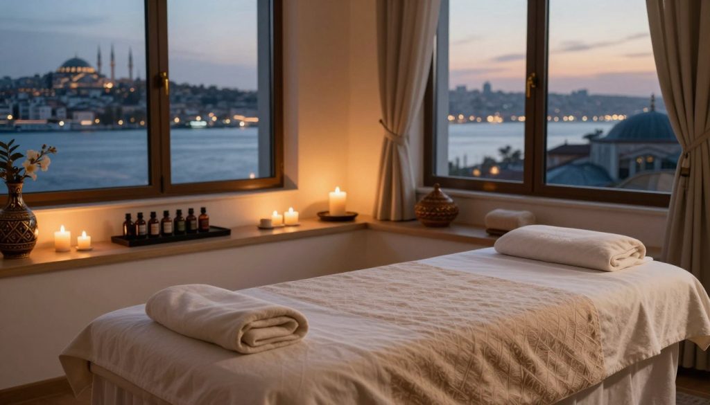 A serene and inviting home massage setting in Istanbul, showcasing a beautifully arranged space. In the foreground, a massage table with soft, luxurious linens, surrounded by aromatic candles and essential oils, creating a calming atmosphere. The middle layer features elegant décor with traditional Turkish motifs and soft ambient lighting that enhances warmth and relaxation. In the background, large windows reveal a glimpse of the iconic Istanbul skyline at dusk, with the Bosphorus shimmering. The overall mood is tranquil and soothing, perfect for a concierge-style massage experience. Emphasize a harmonious blend of modern comfort and classic Istanbul charm, with a focus on serenity and relaxation.