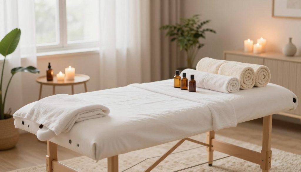 A serene and inviting home massage setup, showcasing a neatly arranged massage table in a well-lit living room. Soft, warm lighting from a nearby window creates a calming atmosphere, enhancing the relaxation vibe. The massage oils, rolled towels, and soothing candles are artfully placed on a small side table, adding to the ambiance of tranquility. In the background, a plush rug and potted plants bring a touch of nature indoors, promoting a sense of peace. The overall color palette is soft and warm, with pastel tones dominating the scene, evoking comfort and relaxation. Emphasize the cleanliness and coziness of the space, making it look like the perfect escape for a rejuvenating home massage experience.