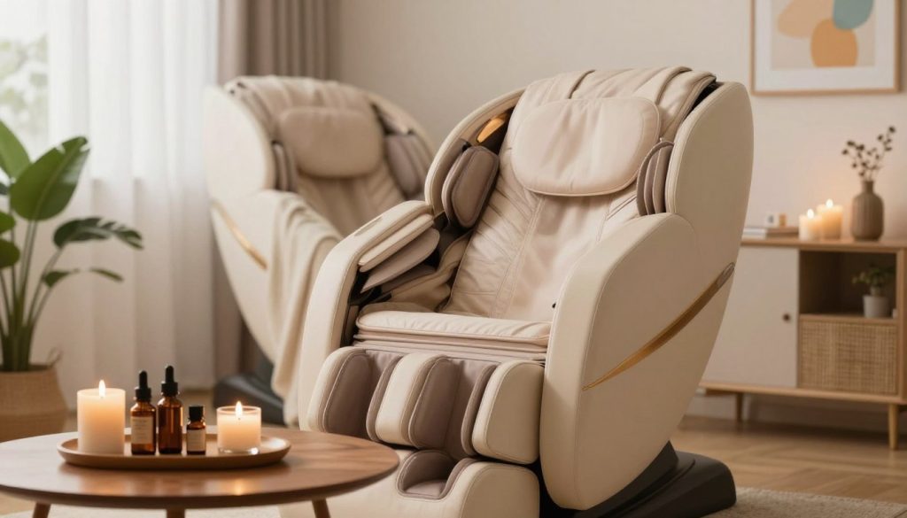 A serene and inviting home setting focused on a plush, elegantly designed massage chair in a softly lit room. In the foreground, a set of well-organized massage oils and aromatic candles on a stylish wooden table, suggesting a calming atmosphere. The middle ground showcases the chair, adorned with cozy throw pillows and soft blankets, surrounded by subtle indoor plants to enhance tranquility. The warm lighting creates a peaceful ambiance, emphasizing relaxation and comfort. The background features gently blurred colorful artwork on the walls, enhancing the inviting atmosphere without distractions. The overall mood is soothing and professional, emphasizing the theme of safe, effective at-home massage practice.