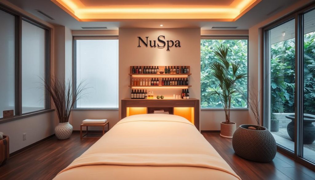 A serene and inviting interior of a NuSpa branch, showcasing a modern massage therapy room. In the foreground, a plush massage table is adorned with soft, clean linens. A warm, ambient light bathes the space, creating a relaxing atmosphere. In the middle ground, a well-organized shelf displays neatly arranged aromatherapy oils and spa essentials, while a calming water feature adds a touch of tranquility. The background features large windows allowing natural light to pour in, revealing greenery from outside, enhancing the peaceful setting. The overall mood is calm and rejuvenating, perfect for highlighting a luxurious spa experience without any human subjects, focusing solely on the serene environment.