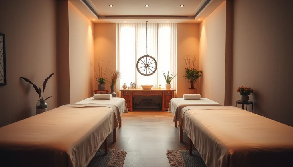 A serene and inviting interior of a boutique spa in Istanbul, with soft lighting creating a warm and calming ambiance. The space features plush, comfortable massage tables surrounded by tasteful decor and natural elements, such as potted plants and wooden accents. The scene conveys a sense of tranquility and personal attention, as if the viewer is about to embark on a rejuvenating and personalized massage experience with skilled, professional therapists. The overall composition emphasizes the intimacy and personalized nature of the spa's services, reflecting the section's focus on the "power of personal touch" in Istanbul's boutique massage experiences.